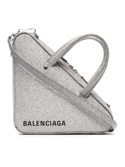 Shop Balenciaga Silver Metallic Triangle Glitter Leather Shoulder Bag