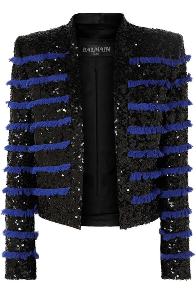 Shop Balmain Cropped Fringed Sequined Tweed Jacket In Black