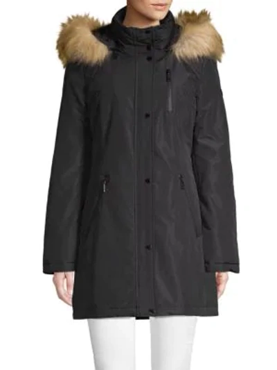 Shop Tahari Whitney Faux Fur-trim Hooded Coat In Black