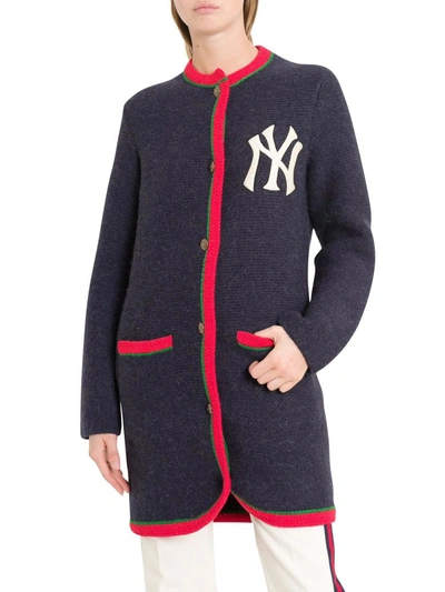 Shop Gucci Long Cardigan With Ny Yankees Patches In Blu