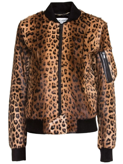 Shop Saint Laurent Leopard Print Fur Bomber Jacket In Marrone