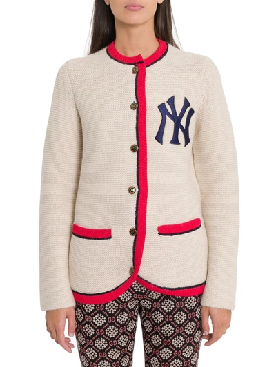 Shop Gucci Cardigan With Ny Yankees Patches In Bianco