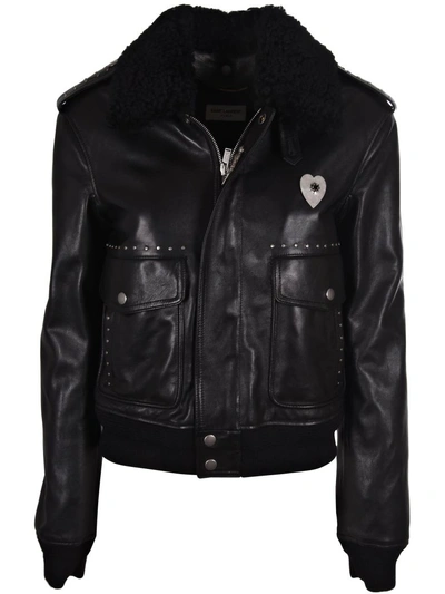 Shop Saint Laurent Shearling Leather Jacket In Noir/argent
