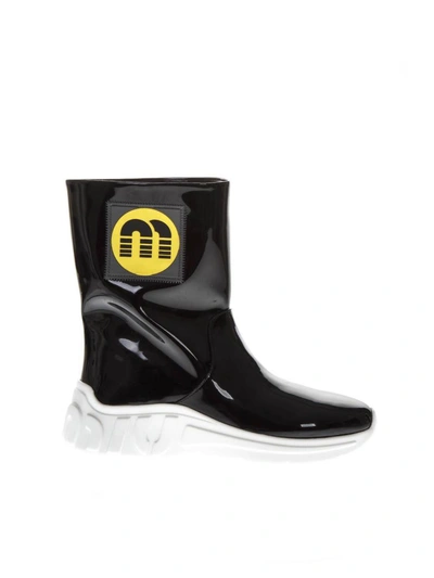 Shop Miu Miu Black Color Rubber Boots With Logo Patch