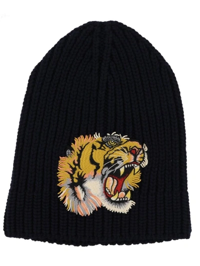 Shop Gucci Wool Hat With Tiger Detail In Midnight Bl/yellow