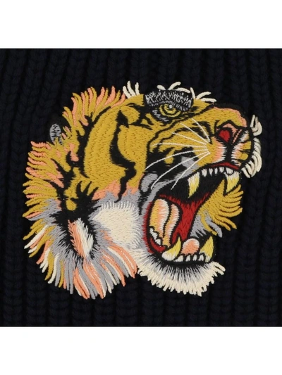 Shop Gucci Wool Hat With Tiger Detail In Midnight Bl/yellow