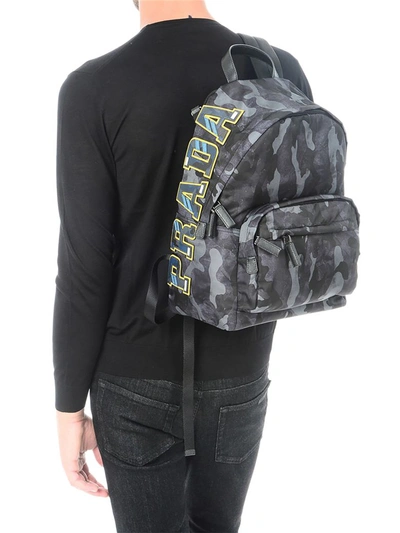 Shop Prada Camouflage Logo Patch Backpack In Militare