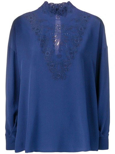 Shop Fendi Lace-detail Fitted Blouse - Blue