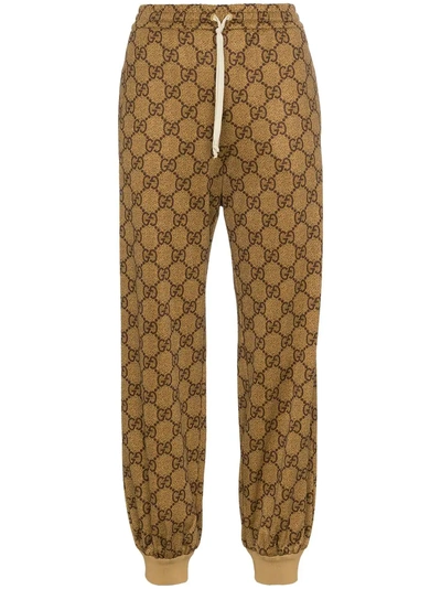 Shop Gucci Logo Print Drawstring Cotton Blend Track Pants - Brown