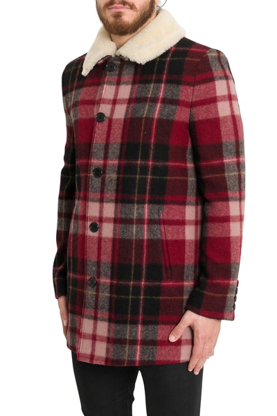 Shop Saint Laurent Checked Trapper Jacket With Shearling Collar In Rosso