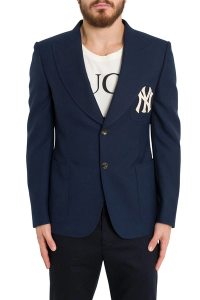 Shop Gucci Twill Jacket With Ny Yankees Patch In Blu