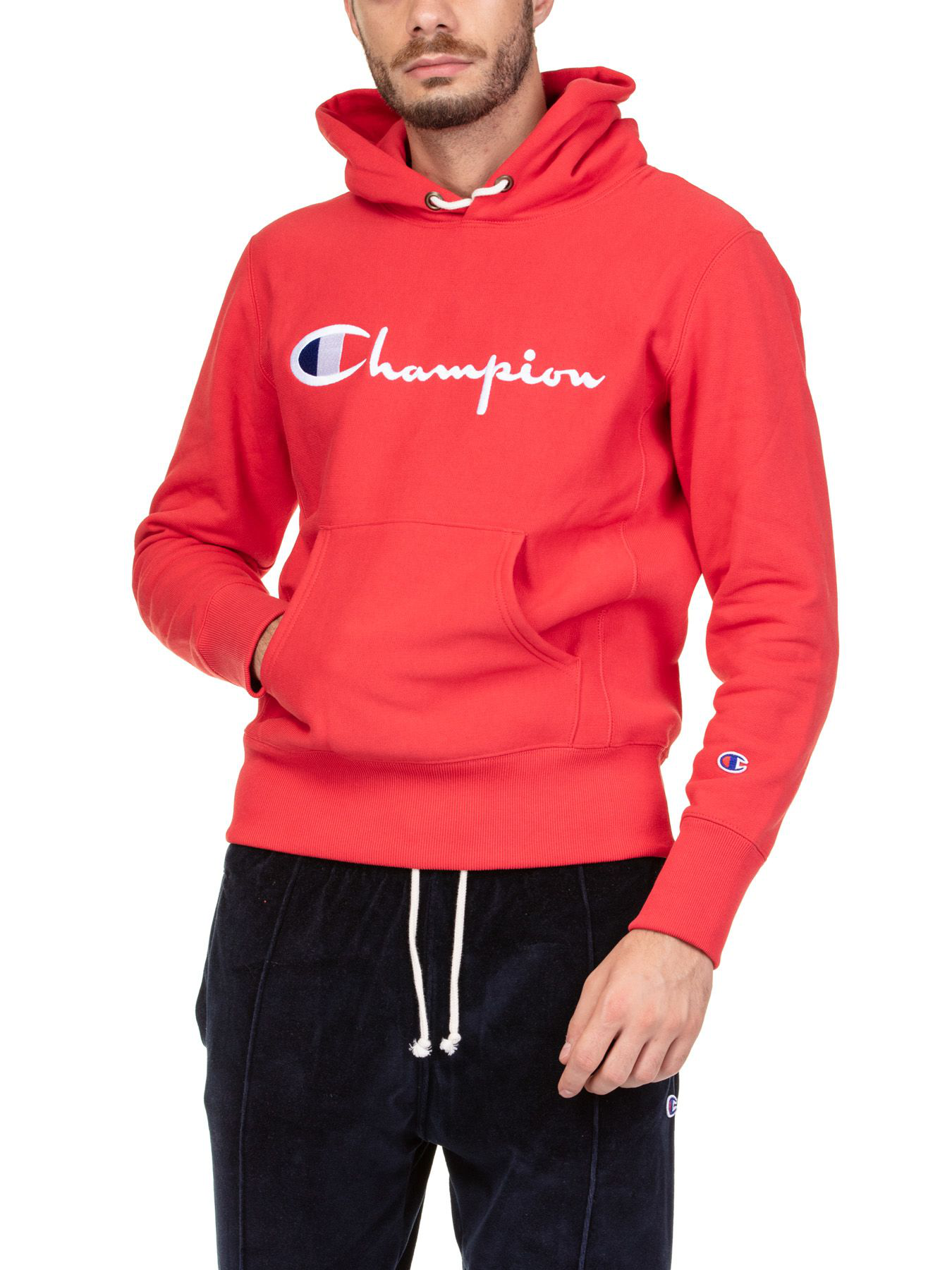 red champion hoodie with white logo