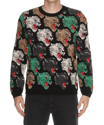 Shop Gucci Panther Face Wool Sweater In Black/ivoire/multicolor