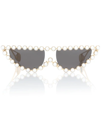 Gucci 53mm Crystal Embellished Cat Eye Sunglasses - Gold/ Pearls W/ Solid  Grey In Grey Gold | ModeSens