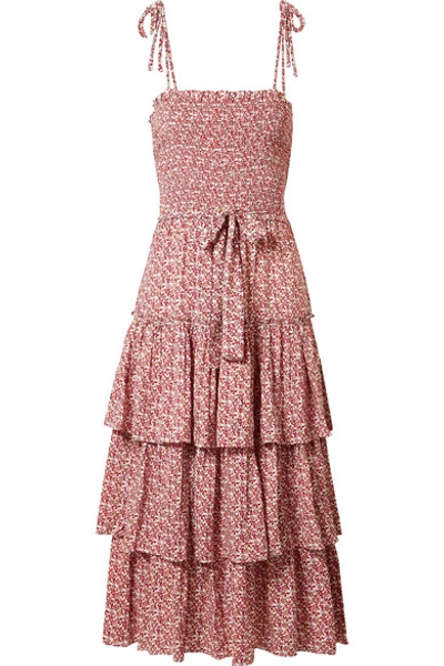 Shop Tory Burch Ruffled Smocked Floral-print Midi Dress In Red