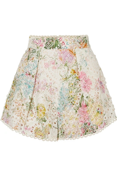 Shop Zimmermann Heathers Floral-print Broderie Anglaise Cotton Shorts In White