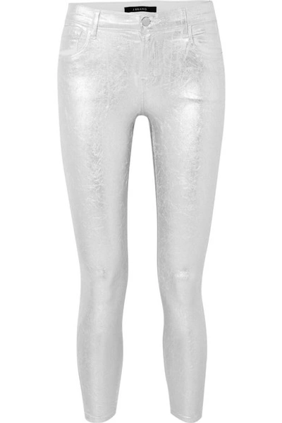 Shop J Brand 835 Metallic Coated Cropped Mid-rise Skinny Jeans In Silver