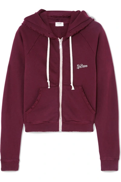 Shop Re/done Embroidered Stretch-cotton Terry Hoodie In Burgundy