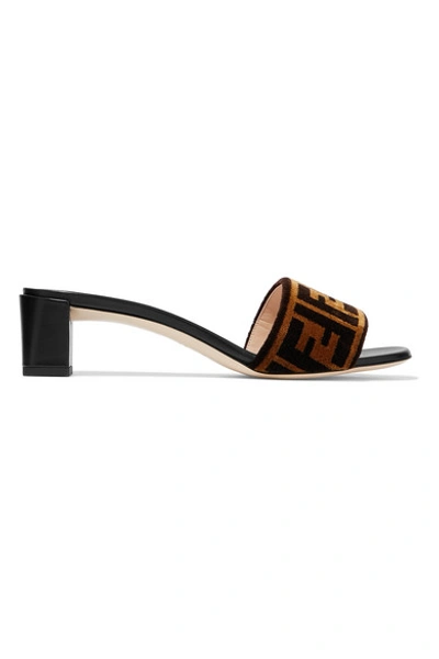 Shop Fendi Logo-print Velvet And Leather Mules In Brown