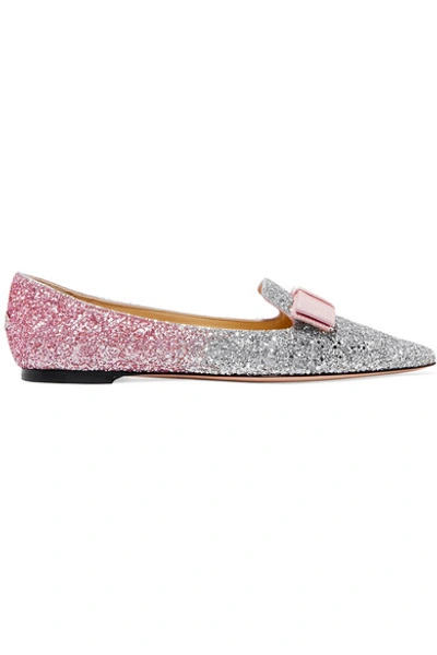 Shop Jimmy Choo Gala Grosgrain-trimmed Dégradé Glittered Leather Point-toe Flats In Baby Pink