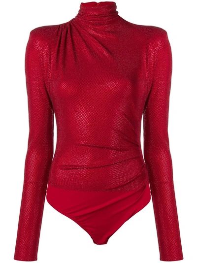 Shop Alexandre Vauthier Rhinestone Turtleneck Bodysuit - Red
