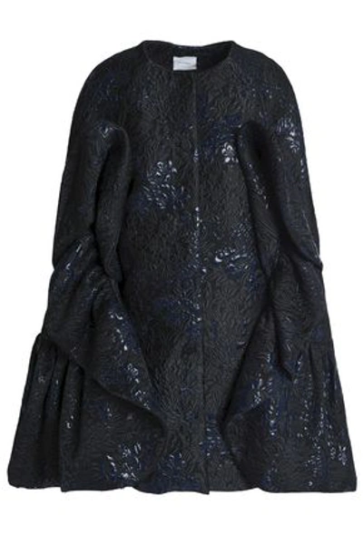 Shop Delpozo Cape-effect Ruffled Brocade Coat In Black