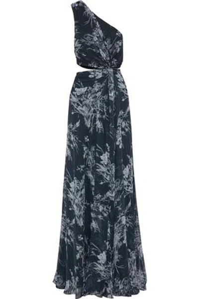 Shop Cinq À Sept Woman Goldie One-shoulder Cutout Floral-print Silk-chiffon Gown Navy