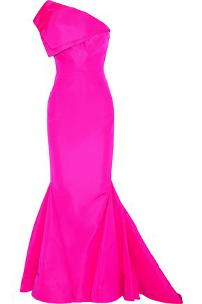 Shop Zac Posen Woman One-shoulder Fluted Silk-faille Gown Bright Pink