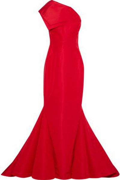 Shop Zac Posen Woman One-shoulder Neon Silk-faille Gown Red