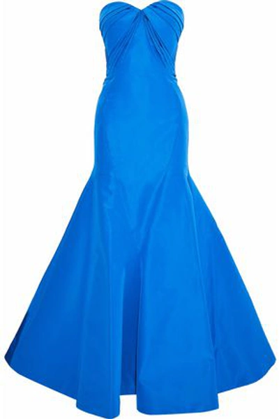 Shop Zac Posen Woman Strapless Fluted Pleated Silk-faille Gown Blue