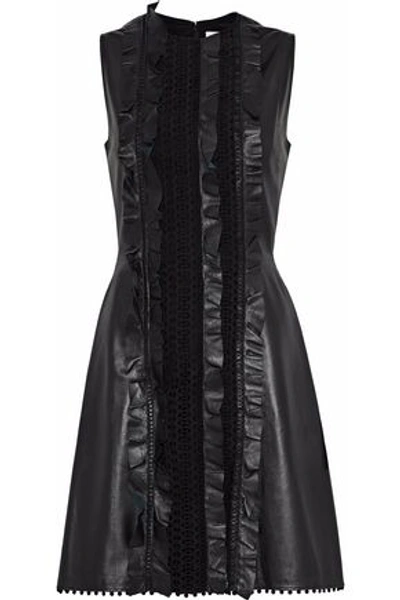 Shop Carolina Herrera Woman Ruffled Embroidered Tulle And Leather Mini Dress Black