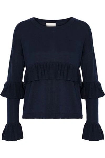 Shop Cinq À Sept Woman Phillipa Ruffled Silk And Cashmere-blend Sweater Navy