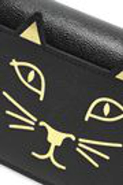 Shop Charlotte Olympia Feline Metallic Printed Textured-leather Clutch In Black