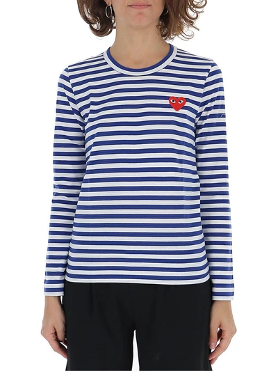 Shop Comme Des Garçons Play Striped Long Sleeved Top In Blue
