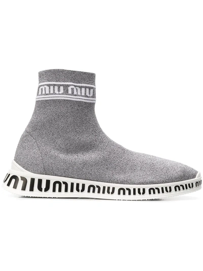 Shop Miu Miu Sock Insert Logo Sneakers - Grey