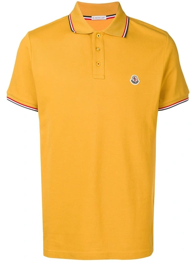 Shop Moncler Striped Trim Collar Polo Shirt In Yellow