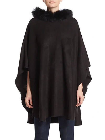 Shop Adrienne Landau Fox Fur Trim Hooded Poncho In Black