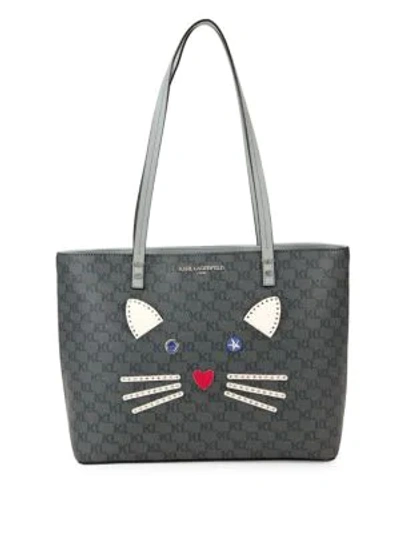 Shop Karl Lagerfeld Cat Face Leather Tote In Grey Black