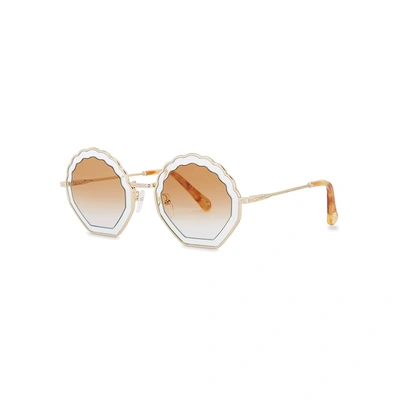 Shop Chloé Tally Scalloped Round-frame Sunglasses In Brown