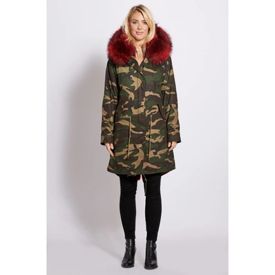 Shop Popski London 3-4 Camouflage Parka With Burgundy Fur Collar And Lining