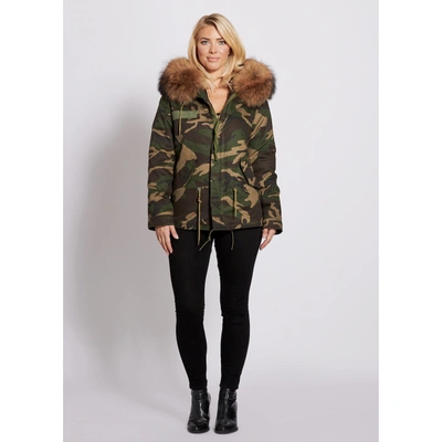 Shop Popski London Camouflage Parka Jacket With Raccoon Fur Collar Natural In Camouflage With Natu