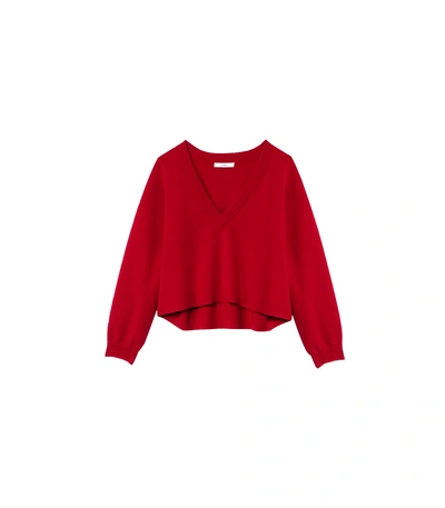 Shop Tibi Cherry Red Sculpted Wool V Neck Cropped Pullover