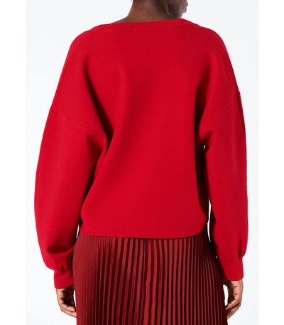 Shop Tibi Cherry Red Sculpted Wool V Neck Cropped Pullover