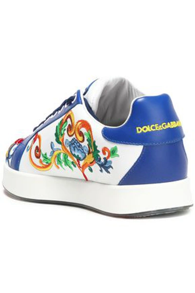 Shop Dolce & Gabbana Woman Portofino Crystal-embellished Embroidered Leather Sneakers Blue