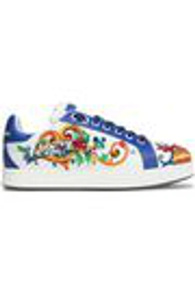 Shop Dolce & Gabbana Woman Portofino Crystal-embellished Embroidered Leather Sneakers Blue