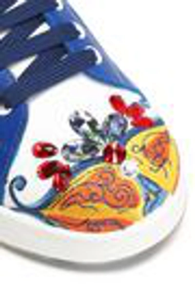 Shop Dolce & Gabbana Woman Portofino Crystal-embellished Embroidered Leather Sneakers Blue