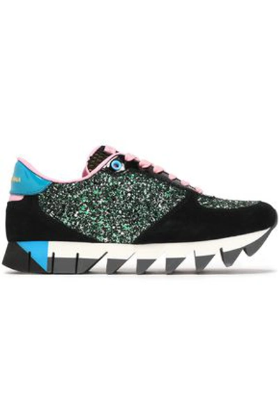 Shop Dolce & Gabbana Woman Capri Glittered Suede, Mesh And Patent-leather Sneakers Forest Green