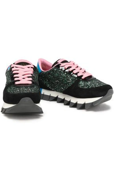 Shop Dolce & Gabbana Woman Capri Glittered Suede, Mesh And Patent-leather Sneakers Forest Green