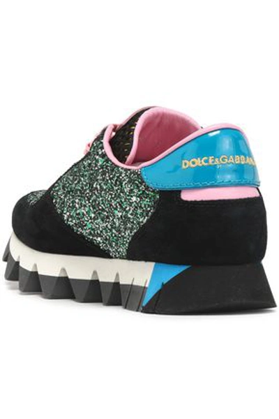 Shop Dolce & Gabbana Woman Capri Glittered Suede, Mesh And Patent-leather Sneakers Forest Green