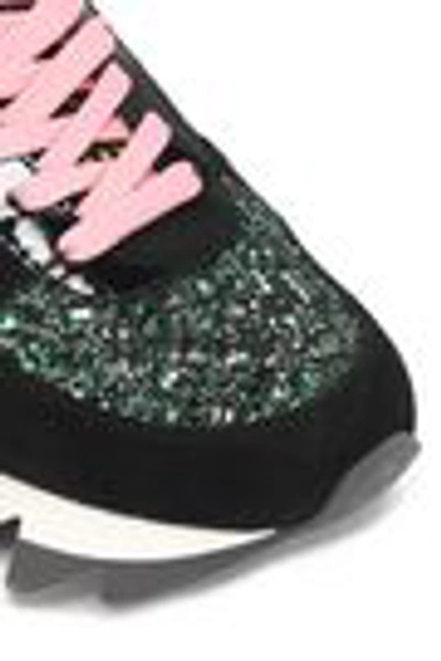 Shop Dolce & Gabbana Woman Capri Glittered Suede, Mesh And Patent-leather Sneakers Forest Green